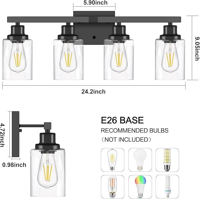 Bathroom Vanity Light, 4-Light Modern Matte Black Wall Sconce Lighting with Clear Glass Shade, Black Wall Lights,Bath Vintage Wall Mounted Lamps for Mirror Bedroom,Living Room