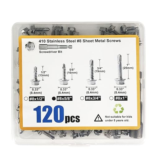 QSJ 120PCS #8 x 5/8'' Sheet Metal Screws 410 Stainless Steel Hex Washer Head Fast Self Tapping Screws with Screwdriver Bit Silver