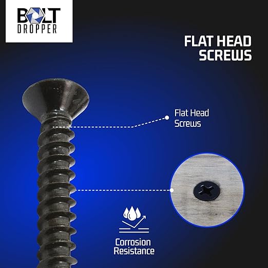 Bolt Dropper #6 x 1/2 Inch Wood Screws, Pack of 100 - Black Xylan Coated Stainless Steel Flat Head Phillips Screw - Corrosion Resistant for Wood, Drywall Applications, and Outdoor Use