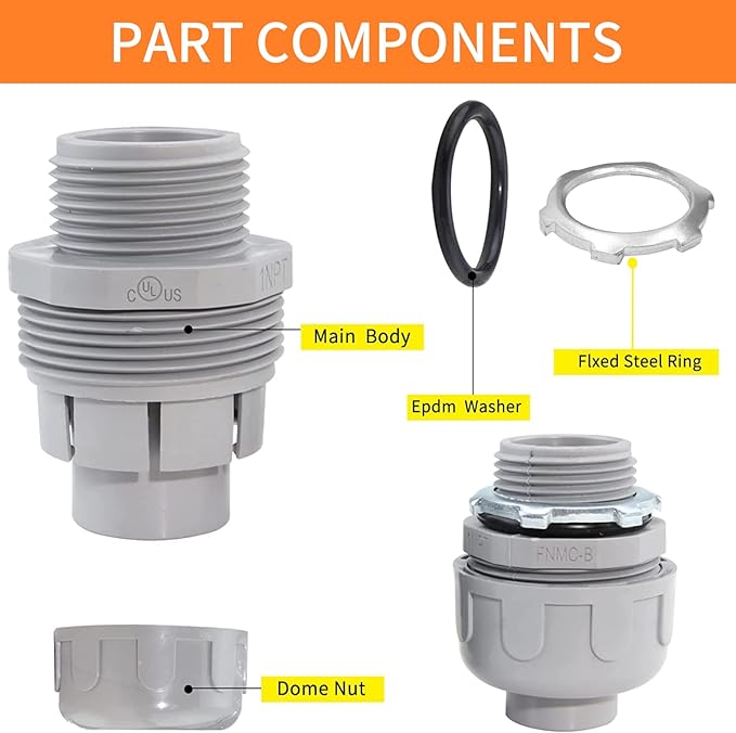 200Pack 1/2 Inch Liquid Tight Connector PVC Electrical Conduit Fittings Straight 180 Degree Flexible Conduit Connector for Home Kitchen Bathroom Tube Tool Supplies
