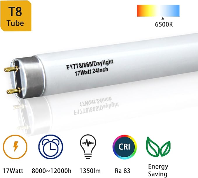 12 Pack 17W 24in T8 Bright White Fluorescent Tube, F17T8/865 6500K Daylight,2 Foot T8 Linear Fluorescent Lamp,Medium Bi-Pin (G13) Base,1350 Lumens
