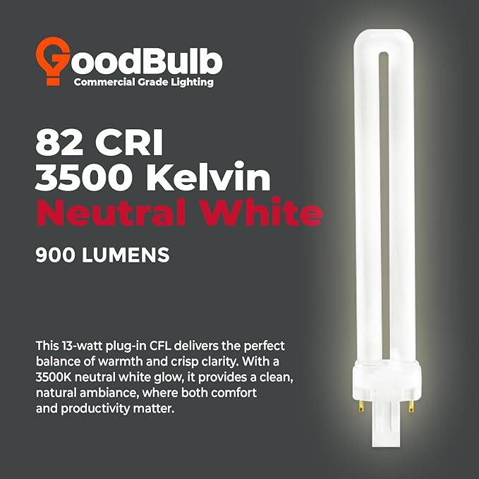 GoodBulb 13 Watt CFL Light Bulbs 2 Pin GX23 Base 3500K Neutral White 13W High Output 800 Lumens Single Tube Compact Fluorescent Light Bulbs Plug-in 10 Pack