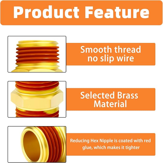 GASHER 1PCS Brass Pipe Fitting, Hex Nipple, 1" Male Pipe x 1" Male Pipe With Sealant