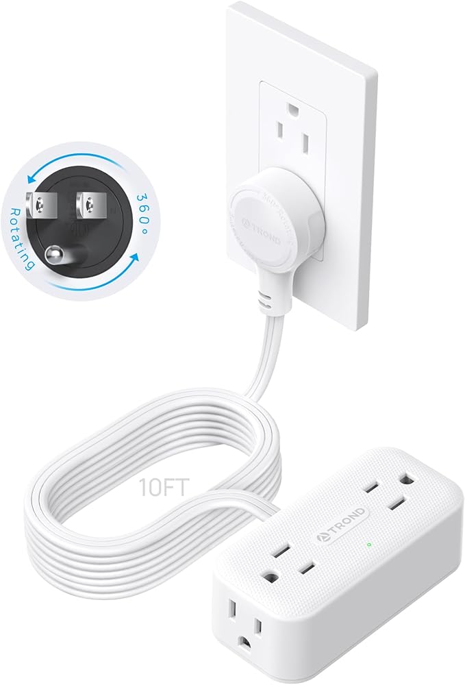 TROND 360° Rotating Plug 10FT Extension Cord, 4 Widely Spaced AC Outlets, Flat Plug Surge Protector, Wall Mount, Surge Protection Power Strip for Travel Kitchen Dorm Room Essentials, White