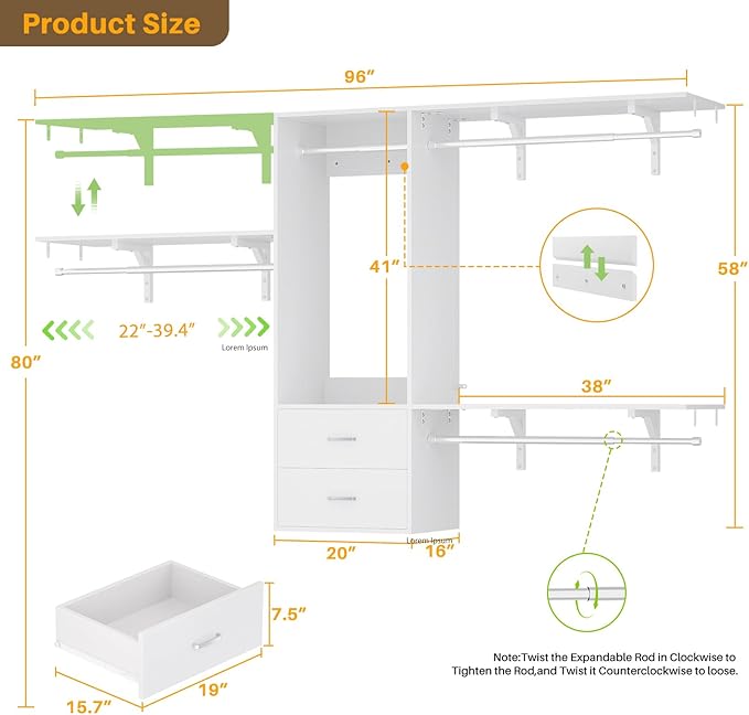 Cyclysio 8 FT Hanging Closet Organizer, 96 Inch Closet Organizer and Storage with 4 Adjustable Rods and 3 Shelving Towers, Wardrobe with Drawers for 4-8FT Spaces(Cut-to-Fit), White