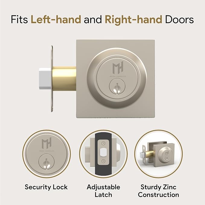 Mega Handles - Prime Deadbolt I Entry Deadbolt Lock - Heavy Duty Square Locking Deadbolt for Left or Right-Handed Doors - Interior/Exterior - Satin Nickel