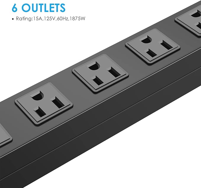 Metal Wall Mount Power Strip, Mountable Power Outlet with 6 AC Outlets, Aluminum Alloy Mount Power Socket with Switch, 3 FT SJT 3/C 14AWG Power Cord, 15A 125V 1875W (6AC) Black