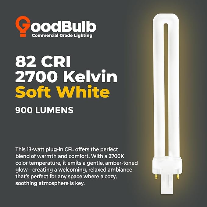 GoodBulb 13 Watt CFL Light Bulbs 2 Pin GX23 Base 2700K Soft White 13W High Output 800 Lumens Single Tube Compact Fluorescent Light Bulbs Plug-in 10 Pack