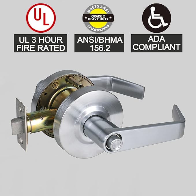 Privacy Commercial Door Locks Heavy Duty Grade 2 Lever for Commercial Bathroom, Non-Handed, UL 3 Hour Fire Rated, ADA Compliant, Satin Chrome Finish 26D, 2-3/4''Backset, X-XG-BK-70