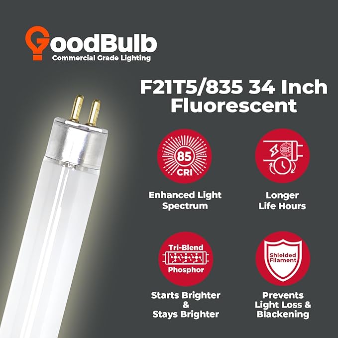 GoodBulb F21T5/835/ECO 21W 34 Inch T5 Fluorescent Light Bulb, 3500K Soft White Medium Bi-Pin Base, 2100 Lumens 85 CRI 36000 Life Hours, Instant/Programmed Start (40 Pack)