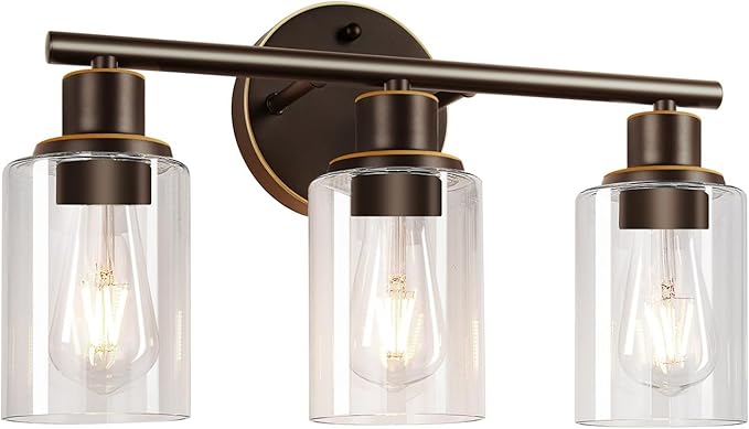 3-Light Bathroom Light Fixtures, Brown and Gold Bathroom Wall Lights, Modern Vanity Light with Clear Glass Shade, Bathroom Wall Lamp for Mirror Hallway Cabinet
