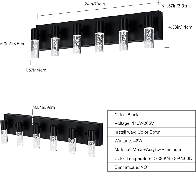 6-Light LED Vanity Light Fixture in Black - Modern Bathroom Lighting, Over Mirror Illumination | Multicolor Temperature 3000K/4000K/6000K | Stylish Bathroom Decor & Energy-Saving 30W Vanity Lighting…