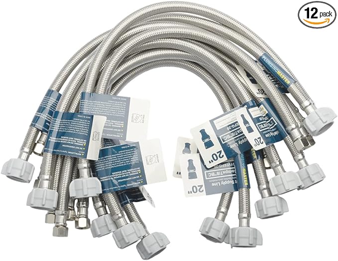 (12pcs 20 inch) PLUMBINGMASTER Toilet Water Supply Line,3/8" Comp x 7/8" BC Braided Stainless Steel Toilet Supply Line,Toilet Connector Hose with Anti-Leaking Brass Nut