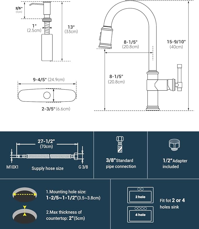 DAYONE Vintage Kitchen Faucet with Soap Dispenser, Single Handle High Arc Antique Pull Out Kitchen Sink Faucets with 3-Mode Pull Down Sprayer, APS136 (Standard, Brushed Nickel)