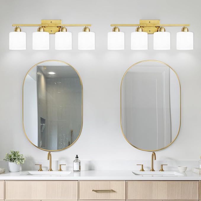 4 Light Gold Light Fixture Bathroom, Brushed Gold Vanity Light with Milky White Frosted Glass Shades, Lights for Bathroom Mirror for Living Room Bedroom Hallway E26 Base