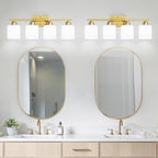 4 Light Gold Light Fixture Bathroom, Brushed Gold Vanity Light with Milky White Frosted Glass Shades, Lights for Bathroom Mirror for Living Room Bedroom Hallway E26 Base