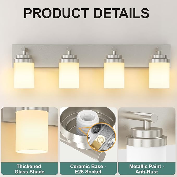 IZORRO Bathroom Vanity Light Fixture, 4-Light 27.5 Inch Brushed Nickel Bathroom Light Fixtures Over Mirror, with White Glass Shade, Modern Farmhouse Vanity Lights, Rustic Restroom Lighting Fixtures