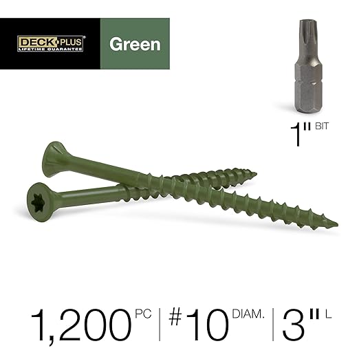 Deck Plus 3 Inch Epoxy Coated Exterior Wood and Fence Screws #10 x 3 Torx/Star Drive Included Coarse Thread, Outdoor Rust Resistant Decking Screw, Green, 25lb Box, 1500 Pieces | 48711