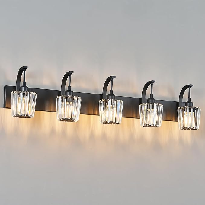 Modern Bathroom Vanity Light, 5-Light Black Wall Sconce with Crystal Accents, Over Mirror Bathroom Lighting Fixture, 42.51" Long Dimmable Vanity Lamp for Makeup, Easy Installation