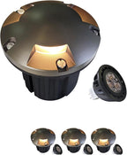MALORY Brass Top Cover Landscape Well Lights,（5‘’H 12V Low Voltage Outdoor In Ground Lights,Landscape Lighting for Pathway, Driveway and Garden (Three-Direction Turret, 4-Pack with Bulb)