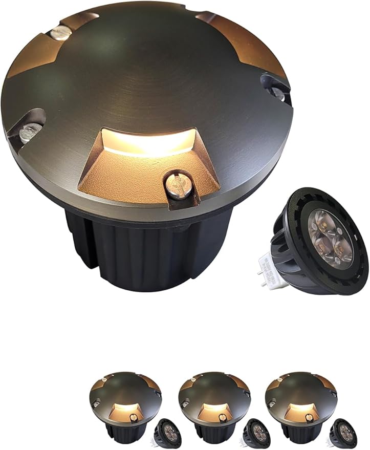 MALORY Brass Top Cover Landscape Well Lights,（5‘’H 12V Low Voltage Outdoor In Ground Lights,Landscape Lighting for Pathway, Driveway and Garden (Three-Direction Turret, 4-Pack with Bulb)