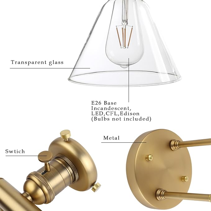 Phansthy 3-Light Wall Sconces Antique Brass Vanity Light, Industrial Wall Lamps with On Off Switch and Clear Glass Lampshade, Vintage Wall Lighting for Bathroom Living Room (Antique, Cone Shade)