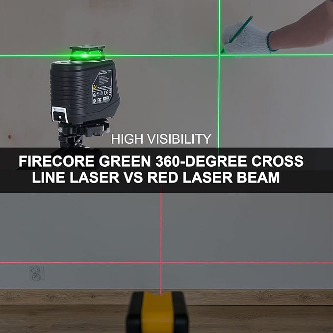 Laser Level with Tripod, Firecore 360° Self Leveling Cross Line Laser Level with Pluse Mode, Green Lazer Leveler tool for Hanging Pictures Wall Tile Construction, L-Bracket & Carry Pouch Included