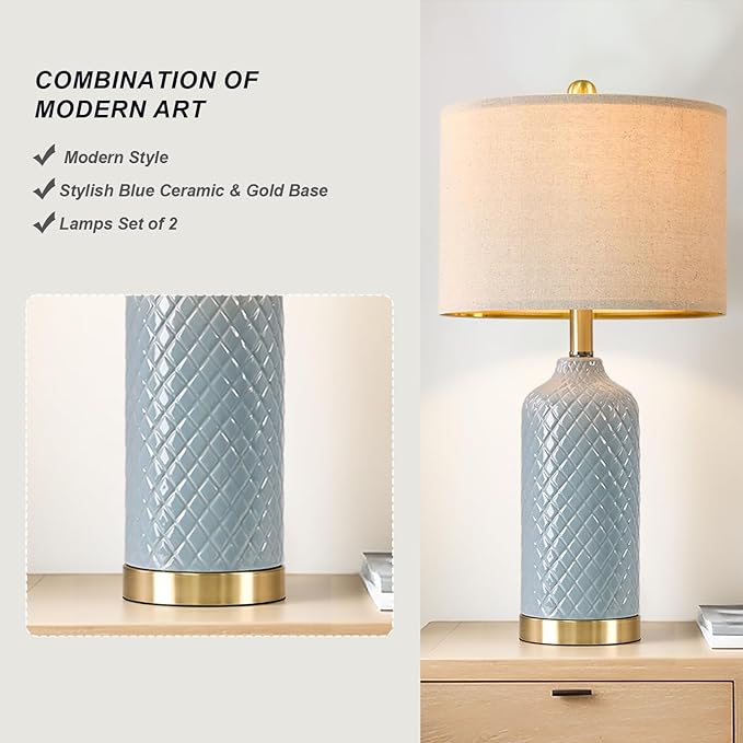 24.25" Modern Ceramic Blue Table Lamps Set of 2 for Living Room, Farmhouse, Bedside, Coastal Bedroom, Side & End Tables