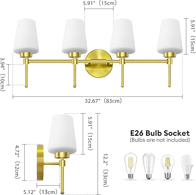 New Bathroom Vanity Light Fixtures 3 Lights Brushed Brass Glass Shade Modern Wall Bar Sconce Over Mirror (Brushed Brass, 4T)