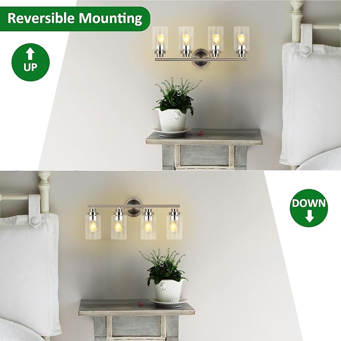 DLLT Bathroom Light Fixtures, Silver 4-Light Wall Sconces Lighting with Clear Glass Shade, Bath Vanity Light for Power Room, Mirror, Kitchen, Bedroom, Hallway (E26 Base Bulbs Not Included)