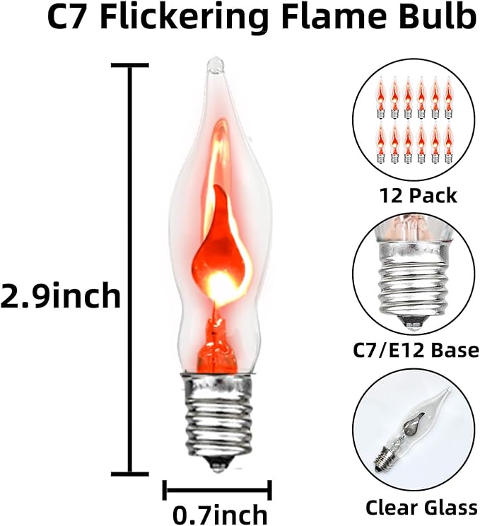 12 Count Halloween Flickering Flame Lights Bulbs, C7 Fake Fire Bulbs / E12 Flickering Flame Bulb, Fall Halloween Window Candle Light Bulbs, Christmas Halloween String Light Bulbs Replacement