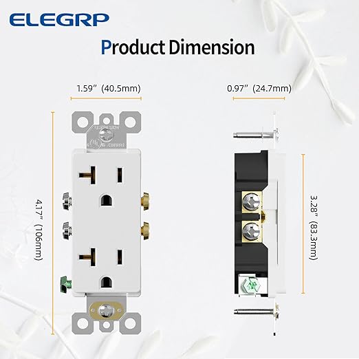 ELEGRP Glossy White Decorator Electrical Wall Outlet Receptacle, 20A 125V Standard Outlets, 2 Pole 3 Wire, Non-Tamper Resistant, NEMA 5-20R, Self-Grounding Wall Outlet, UL Listed, 20 Pack