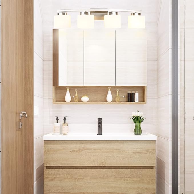 4-Light Brushed Nickel Vanity Light Fixture with White Glass Shade for Bathroom Over Mirror, 31.5 Inches