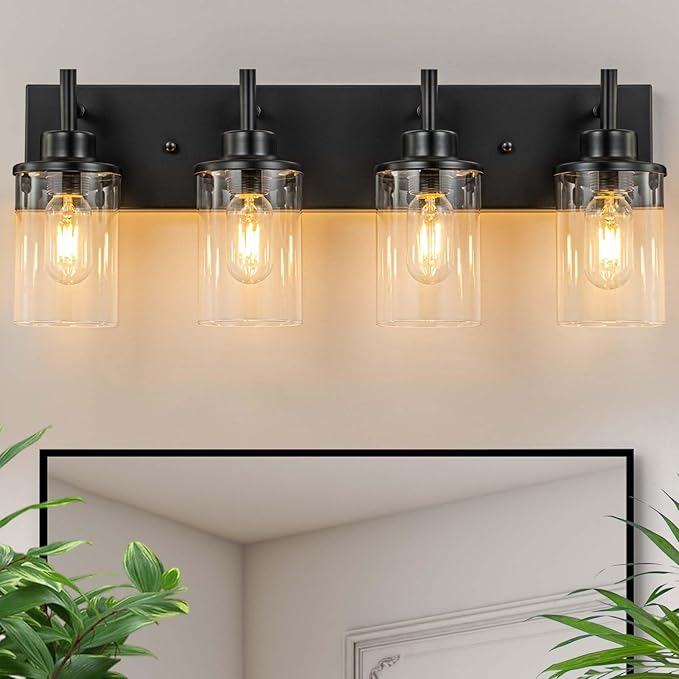 GoYeel Bathroom Light Fixtures Over Mirror, Matte Black Vanity Light 4 Light Wall Sconce Lighting Indoor Farmhouse Bathroom Lamp with Clear Glass Shade for Bedroom Living Room Hallway Kitchen
