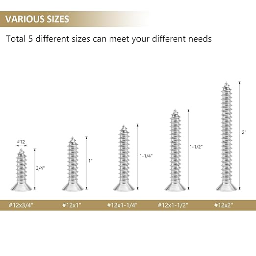 56 Pieces #12 x 3/4" 1" 1-1/4" 1-1/2" 2" Phillips Countersunk Head Self-Tapping Screws, Wood Screws Assortment Kit, 304 Stainless Steel