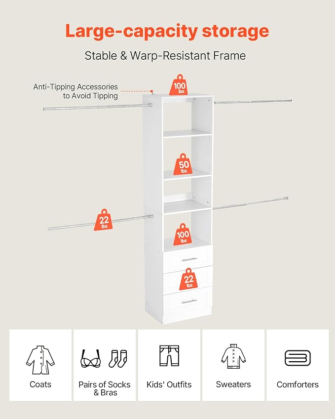VEVOR Closet System with 3 Drawers, Adjustable Height Wooden Closet Organizers, Modern Walk-in Wardrobe Organization with 4 Retractable Clothes Hanger Rods, Freestanding Garment Rack Storage, White