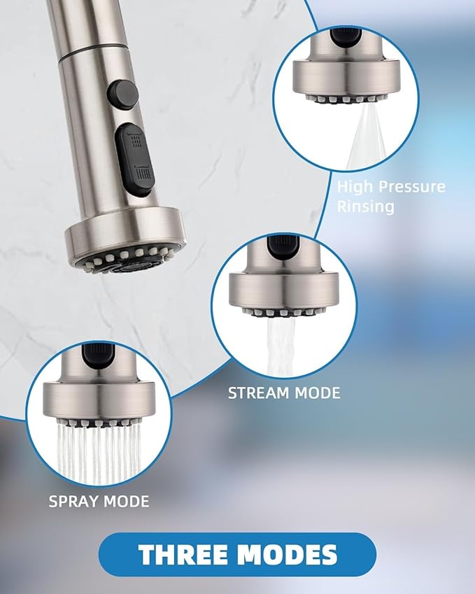 Hibbent Pull Down Kitchen Faucet Head Replacement, 3 Function Sink Faucet Sprayer Head Nozzle with 15 Adapters, Compatible with Moen, American Standard, Delta, Kohler Faucets, Brushed Nickel