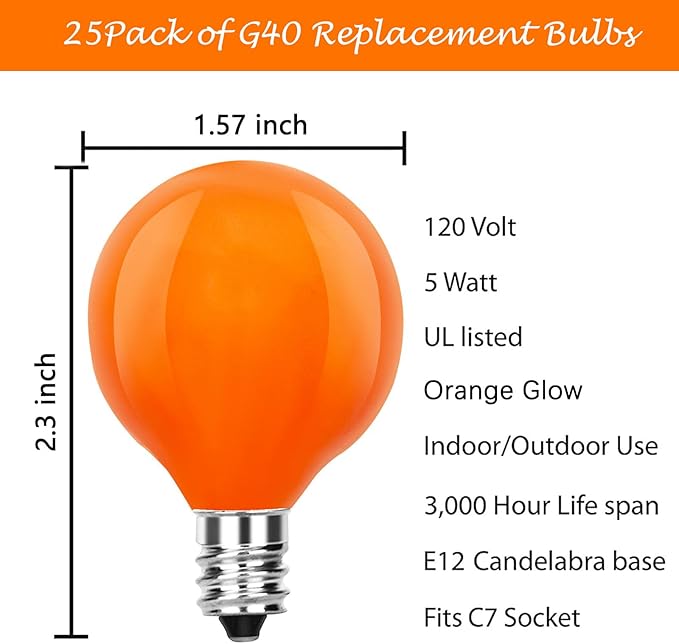 25 Pack G40 Orange Halloween Replacement Light Bulb, G40 Orange Christmas Lights Bulbs for Halloween Outdoor Patio String Lights, E12 Candelabra Base Night Light Bulbs, 5 Watt, 120 Volt