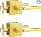 Probrico Gold Privacy Door Handle Lockset Heavy Duty Square Satin Brass Interior Door Lever for Bedroom or Bathroom Reversible Keyless Handleset Door Knob Slim Handed Levers, 2 Pack