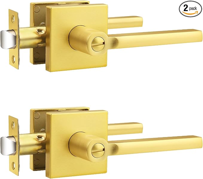 Probrico Gold Privacy Door Handle Lockset Heavy Duty Square Satin Brass Interior Door Lever for Bedroom or Bathroom Reversible Keyless Handleset Door Knob Slim Handed Levers, 2 Pack