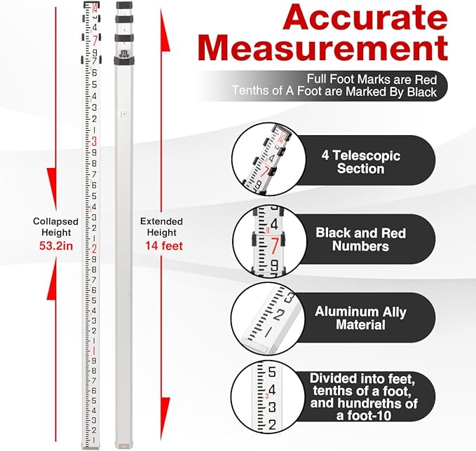 14 foot Aluminum Grade Rod - 10ths, 3 Sections Dual Sided Telescoping Leveling Rod with Bubble Level Convenient Aluminum Staff for Precise Measurement (4 M/14 FOOT 10 TH)