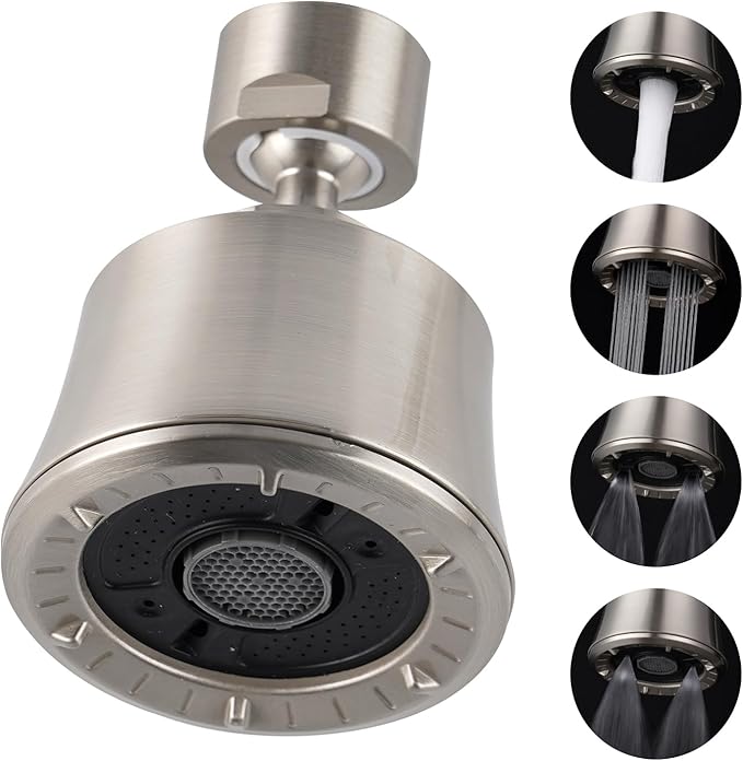 iFealClear Kitchen Sink Faucet Head, 360° Faucet Sprayer Attachment for Kitchen Faucet, Large Angle Faucet Aerator 55/64-27UNS, 2 Metal Swivel Joints, 4 Spray Modes, Brass Adapters, Brushed Nickel