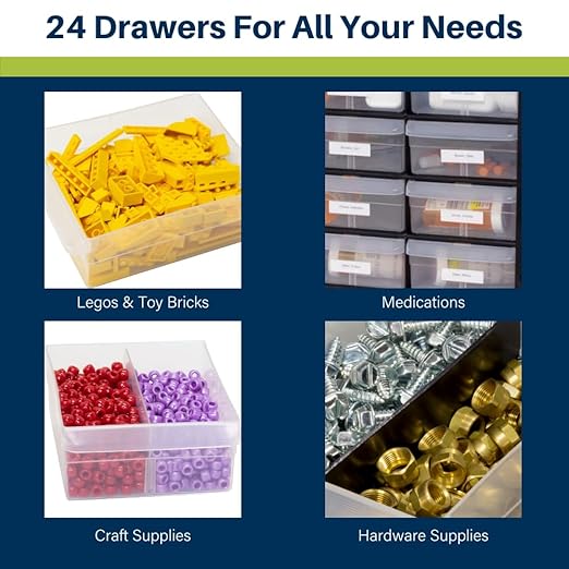 Akro-Mils 24-Drawer Plastic Drawer Storage Cabinet for Garage Organization, Bead Organizer, Building Bricks Storage, Teacher Toolbox, Makeup Organizer, 20-Inch W x 6-Inch D x 16-Inch H, 10124 Yellow