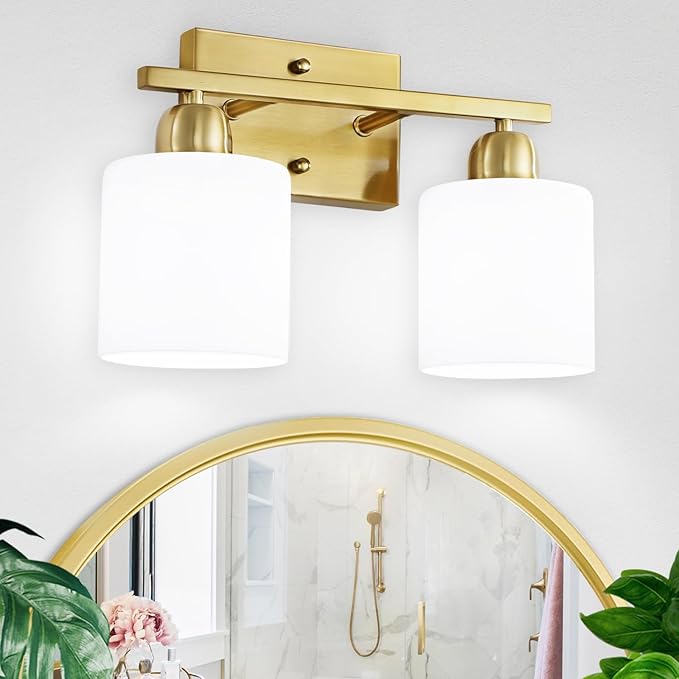 2 Light Bathroom Vanity, Bathroom Lights Over Mirror with Milky White Frosted Glass Shades, Gold Vanity Light for Mirror Living Room Bedroom Hallway E26 Base