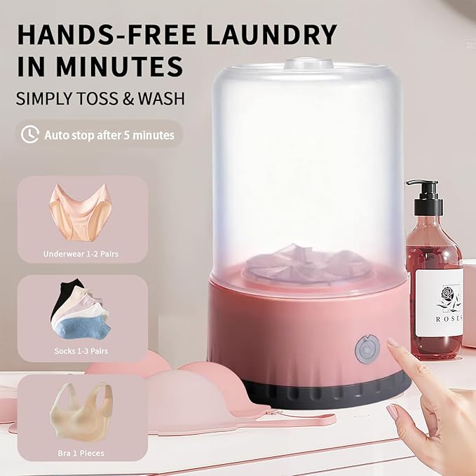 Underwear Washing Machine, BPA-free Portable Mini Washer for Socks, Baby Clothes, Cordless Small Laundry Cup for Travel, Dorm, Apartment, RV, Camp, Kids (Baby Pink)