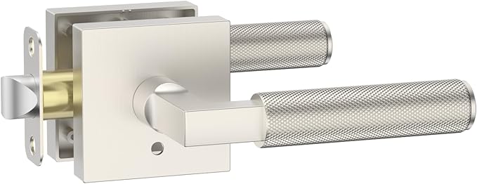 Amerdeco 1 Pack Privacy Door Handles, Brushed Satin Nickel Interior, Knurled Lever, Heavy Duty for Bedroom and Bathroom, Reversible Keyless for Right & Left Side AM0021