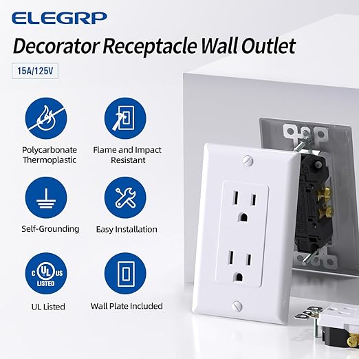 ELEGRP Glossy White Decorator Receptacle, 15A 125V Standard Electrical Wall Outlet, 2 Pole 3 Wire, Non-Tamper Resistant, NEMA 5-15R, Self-Grounding Residential Grade, w/Wall Plate, UL, 50 Pack