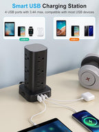 Power Strip Tower with Wireless Charger, Flat Plug Surge Protector Tower with 10FT Extension Cord, 12 AC Multiple Outlets, 4 USB (2 USB C),15W Wireless Charging Power Tower for Home Office Dorm, Black