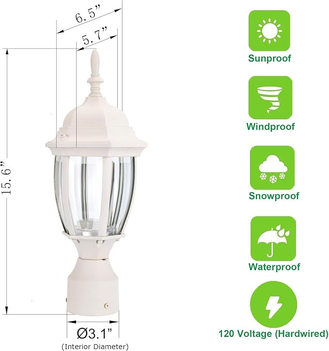 LIT-PaTH LED Outdoor Post Lighting Fixture, Pole Lantern, 9.5W 800 Lumens, 5000K Daylight White, Aluminum Housing Plus Glass, Matte White Finish, 1-Pack