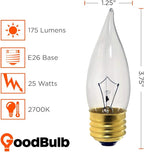 GoodBulb 25-Watt Incandescent Flame Tip Light Bulbs CA10 Clear Finish Medium E26 Base 2700K Warm White Color Dimmable 25W 175 Lumens Pack of 12 Bulbs